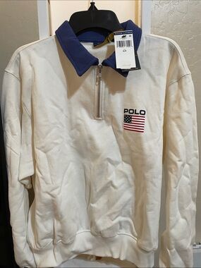 Polo by Ralph Lauren White Half-Zip Sweatshirt with Navy Collar